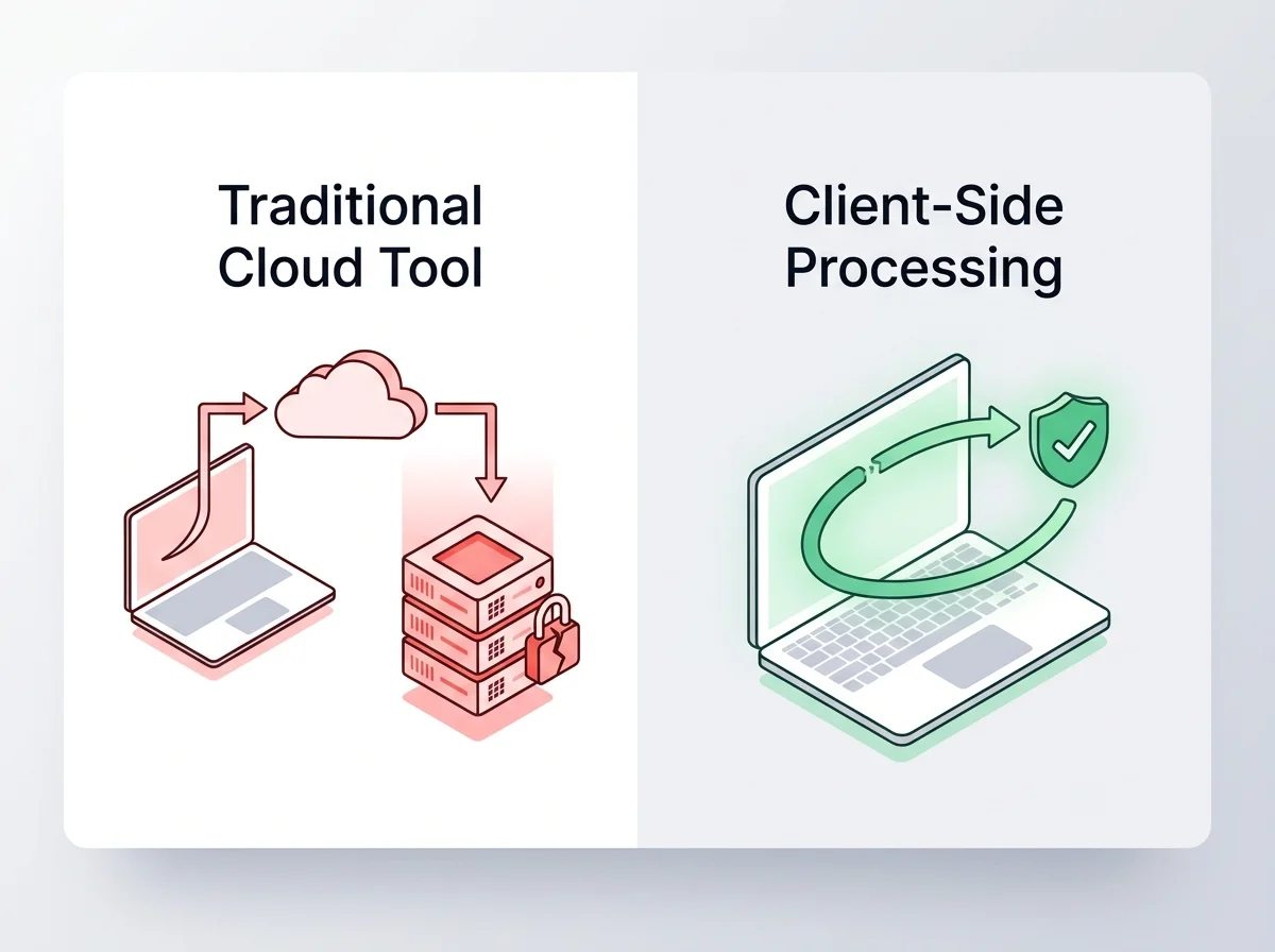 Infographic comparing server processing upload paths vs client-side local loop processing