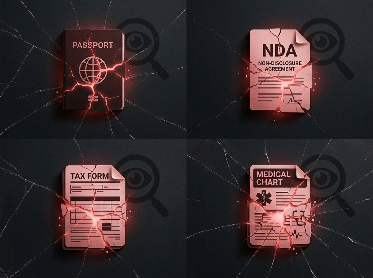 Four cracked documents representing exposed passport, contract, tax details and medical history