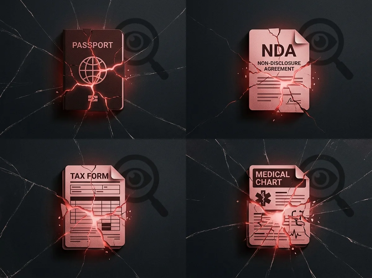 Four cracked documents representing exposed passport, contract, tax details and medical history