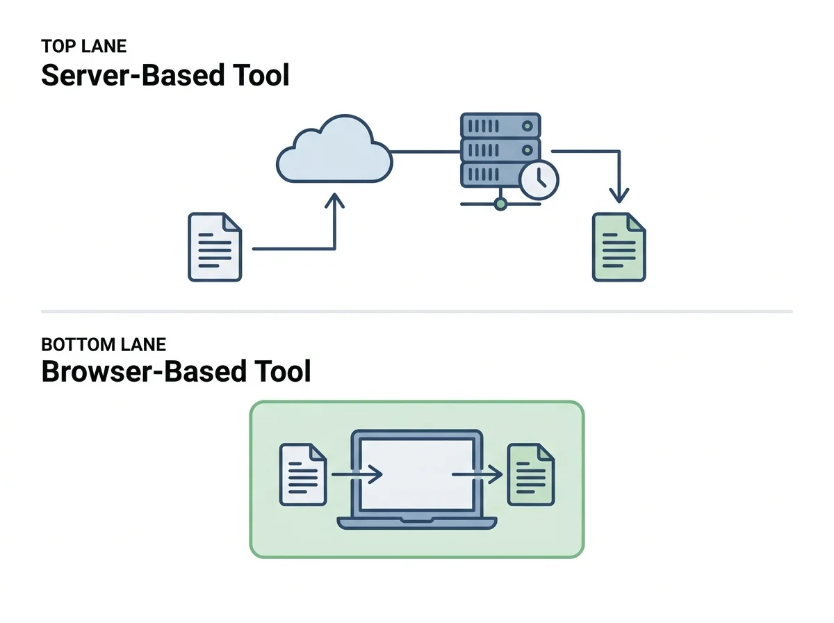 Technical diagram showing server-based cloud roundtrip vs client-side local browser-based loop