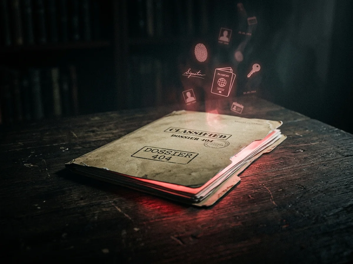 A single slightly open manila folder on a wooden table with red glow leaking and floating security icons