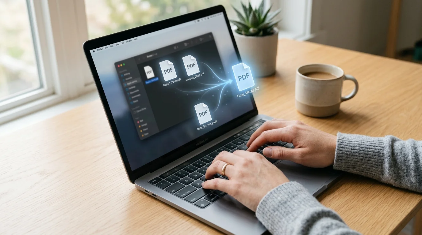 Hands typing on laptop keyboard at minimalist desk showing self-contained PDF merging
