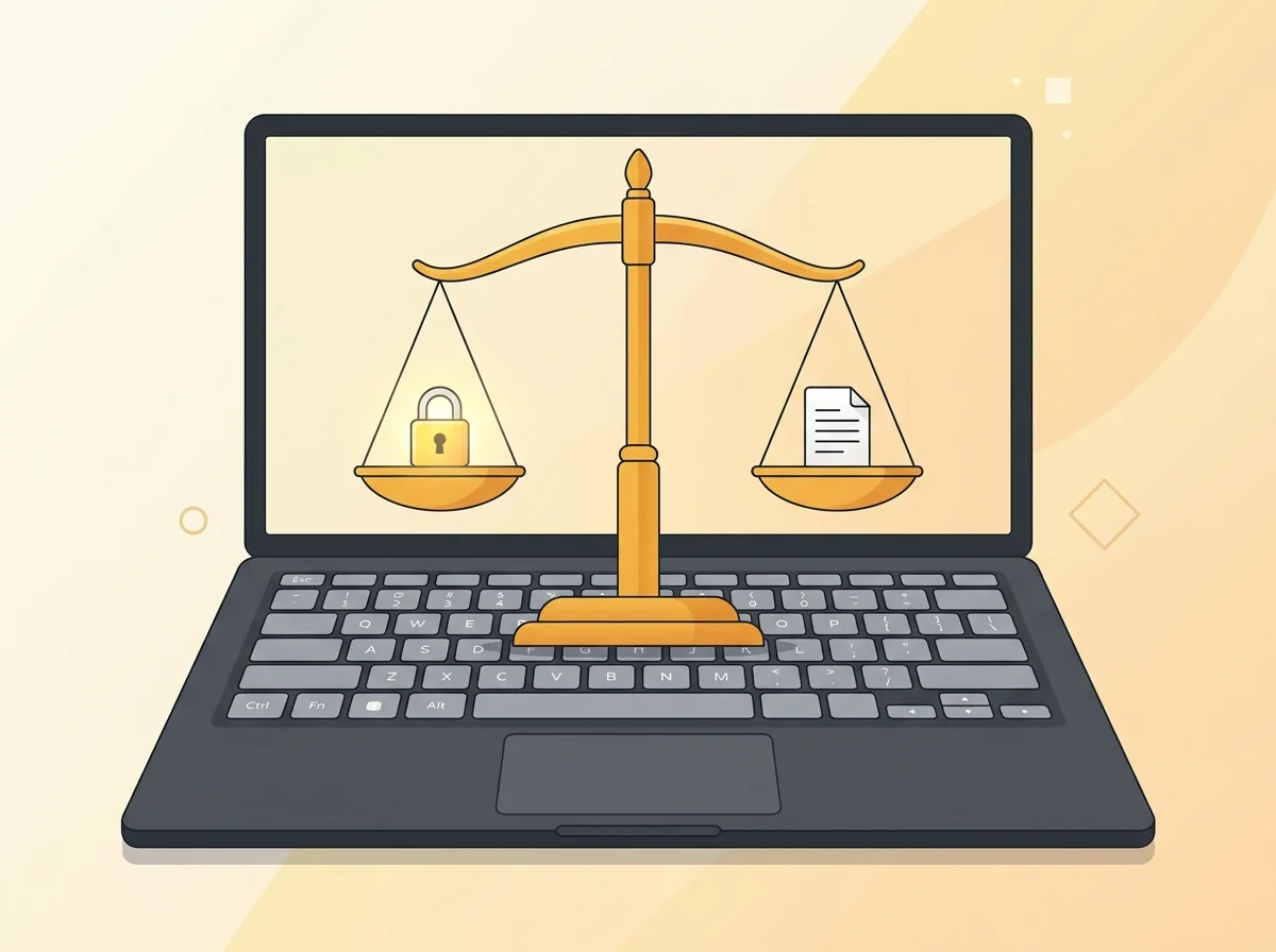 Golden scale of justice balanced on laptop keyboard with lock and document icons
