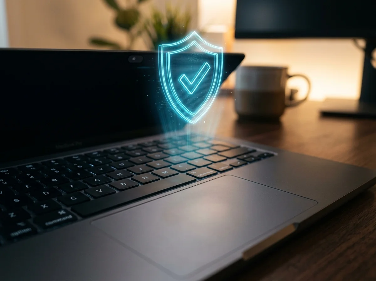 Macro shot of laptop keyboard with soft blue holographic shield outline projected over it