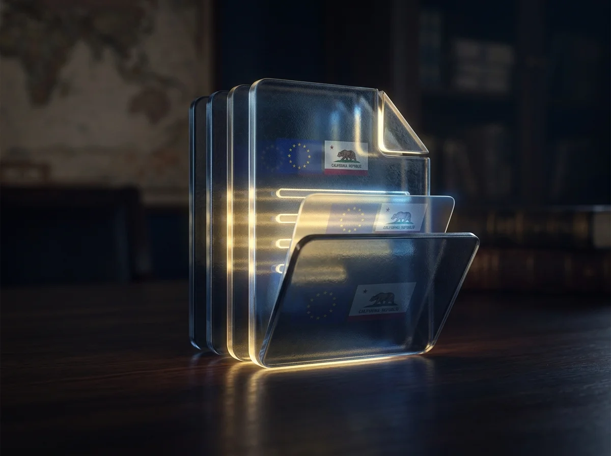 Stack of glowing translucent document icons with subtle embedded EU and California flag graphics
