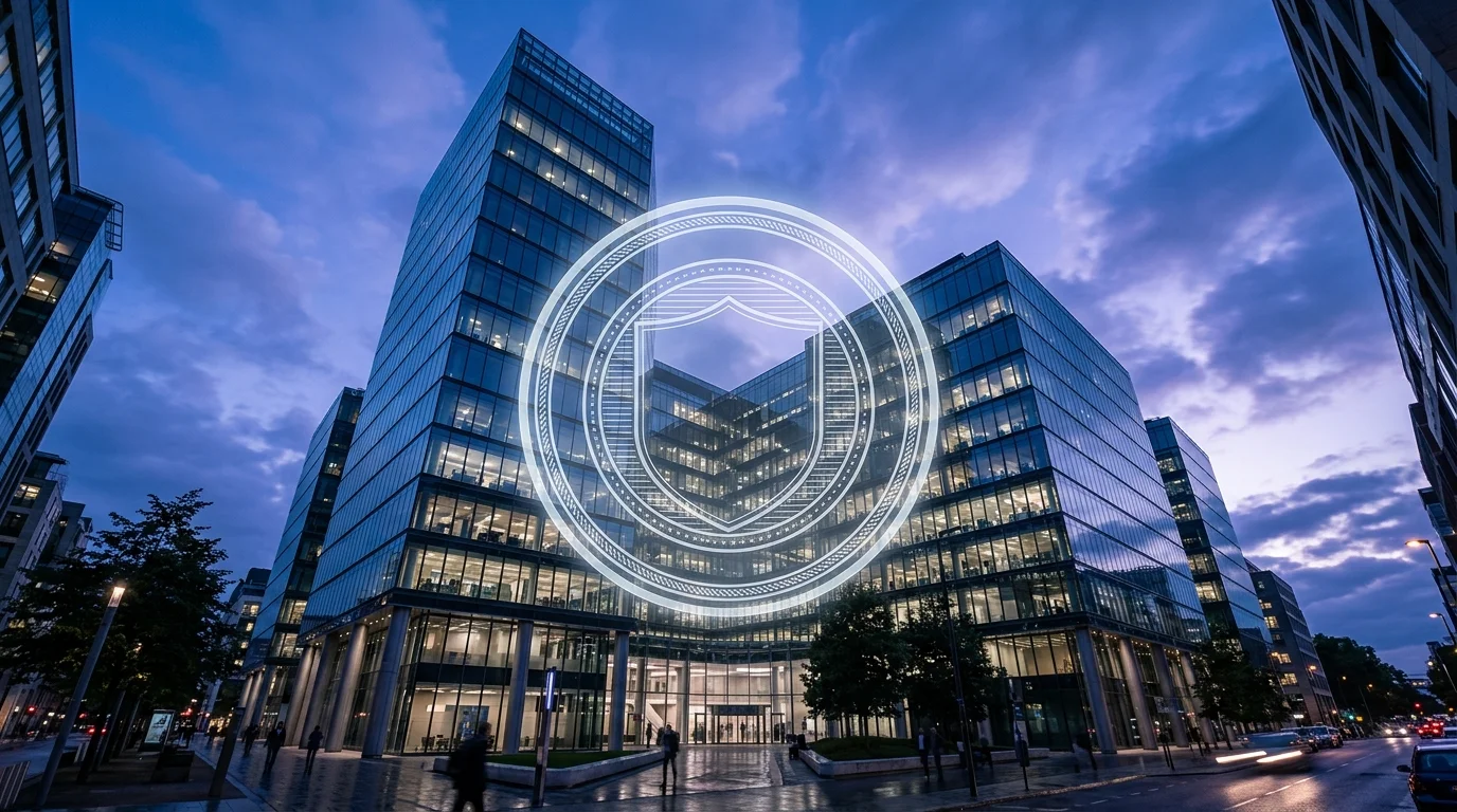Modern glass office building at dusk with subtle translucent regulation seal hologram overlay