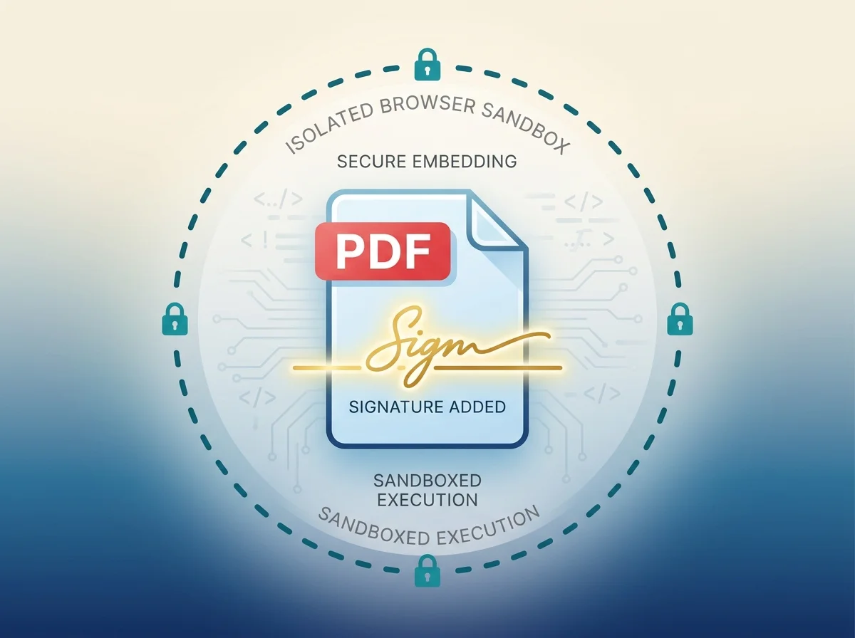 Vector diagram showing PDF document icon with signature embedded directly inside browser sandbox border