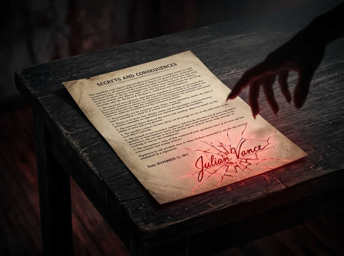 Signed document sitting on dark table with cracked red glow and reaching hand shadow