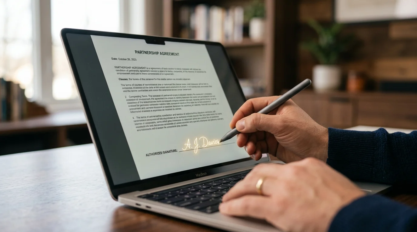 Close-up of hand signing document on touchscreen stylus with glowing gold signature